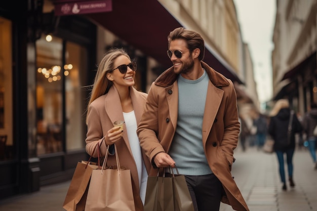 A guy with a girl with shopping bags walking down the street