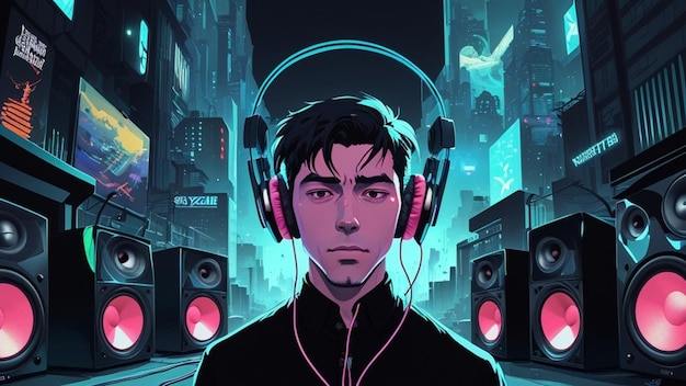 Guy with headphones face to camera listening to music in a futuristic city with big speakers