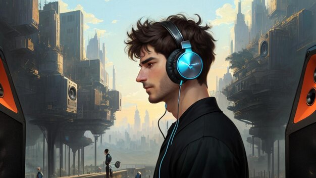 Guy with headphones face to camera listening to music in a futuristic city with big speakers