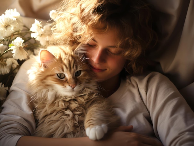 Foto un tizio con il suo gatto il proprietario con il suo animale domestico