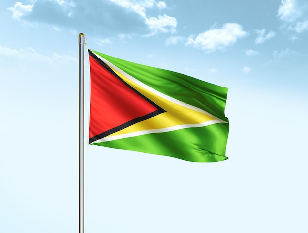 Guyana national flag waving in blue sky with clouds Guyana flag 3D illustration