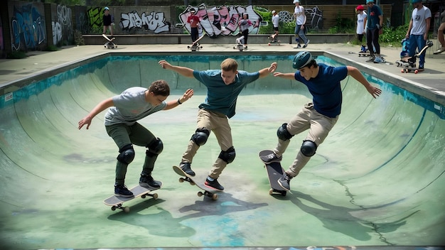 Guys skate in the pool