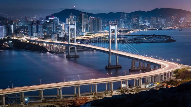Photo gwangan bridge and haeundae at night in busankorea