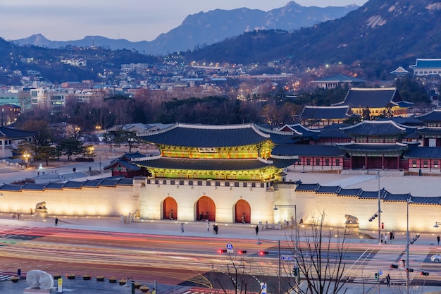 Gyeongbokgung palace twilight at night in Seoul, South Korea