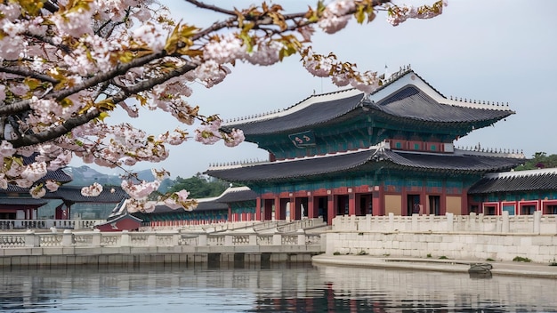 Gyeongbokgung palace with cherry blossom in spring seoul in korea