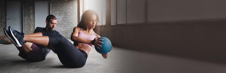 Photo gym banner and couple exercise with ball weight or training cardio fitness together mockup space and people workout body with weightlifting sit up or lifting legs for wellness goals or pilates