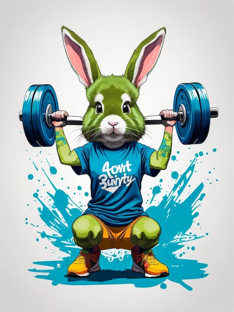 Gym bunny cute cartoon white rabbit lifting heavy barbell funny fitness and exercise vector illust