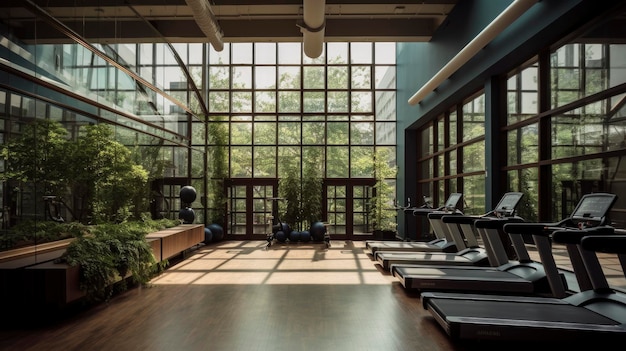 The gym at the hotel is located in the center of the building