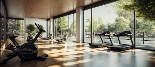 The gym is furnished with rowing machines and exercise bikes positioned providing an open area