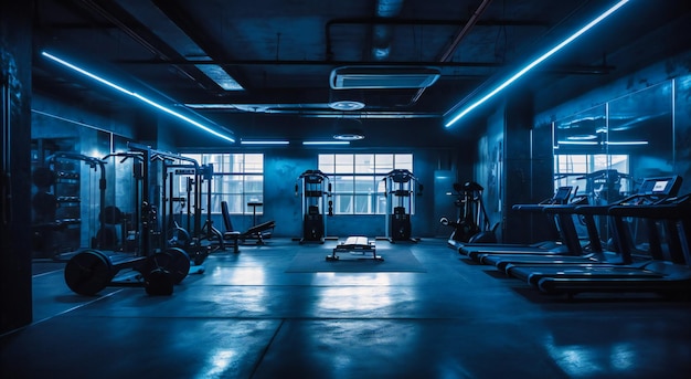 A gym light with blue lighting in a dark gym