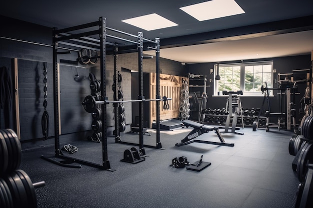 A gym packed with diverse exercise machines and equipment providing a comprehensive fitness experience A home garage transformed into a workout space with exercise equipment AI Generated