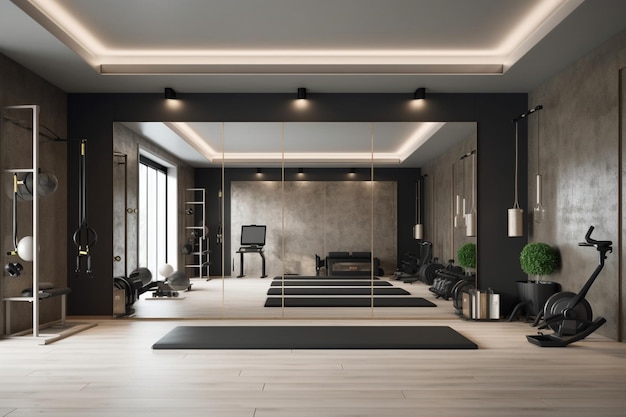 Gym room with minimalistic exercise equipment open space and a mirrored wall