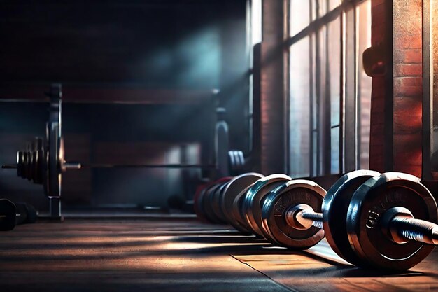 Photo gym weights under strong dramatic lighting 3d rendering of gym weights