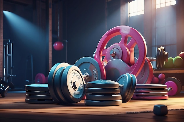 Gym weights under strong dramatic lighting 3d rendering of gym weights