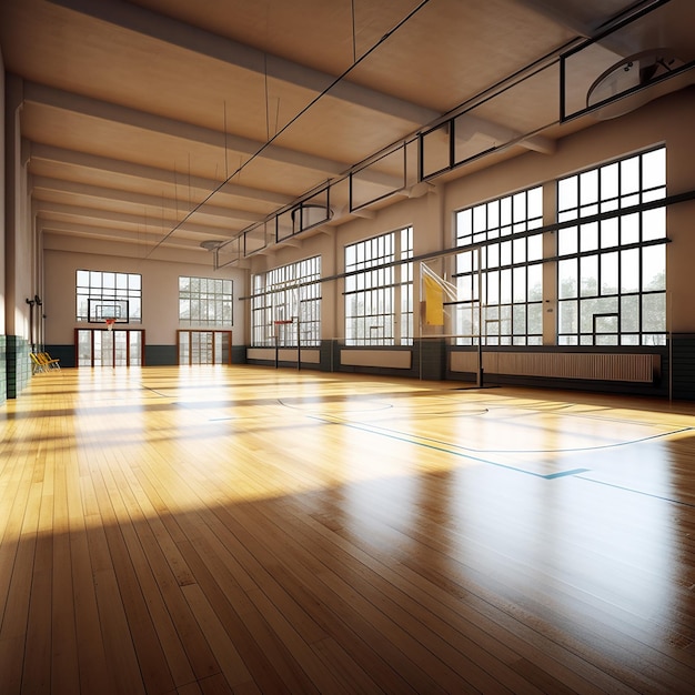 Тренажерный зал с баскетбольной площадкой и окном с надписью «баскетбол».