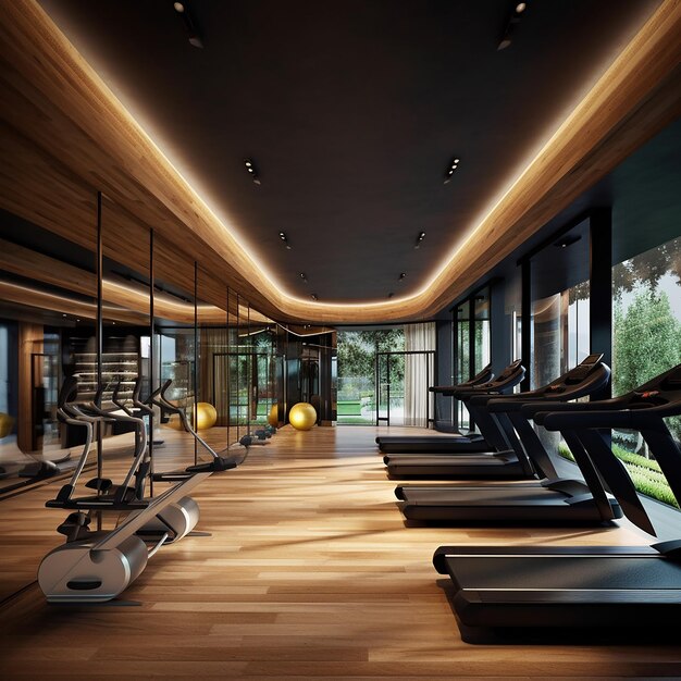 a gym with a bench and a mirror on the wall