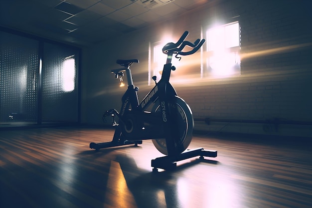 A gym with a bike on the floor