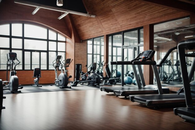 a gym with a black floor and a yellow light on the ceiling