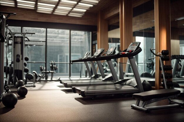 a gym with a black floor and a yellow light on the ceiling