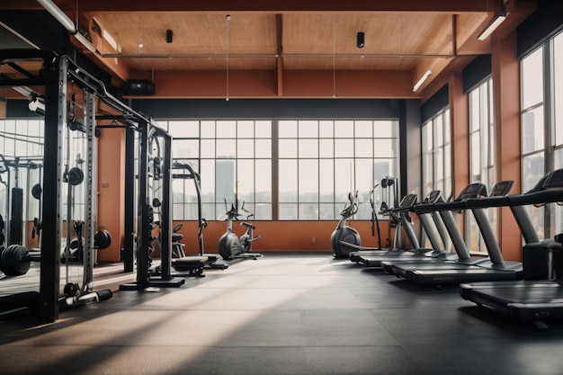 a gym with a black floor and a yellow light on the ceiling