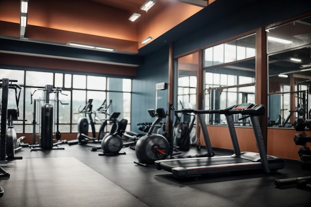 a gym with a black floor and a yellow light on the ceiling