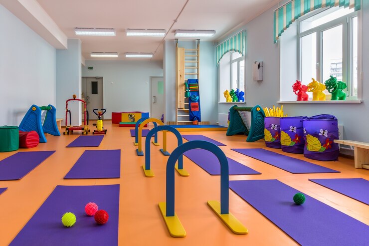A gym with equipment for sports activities in kindergarten