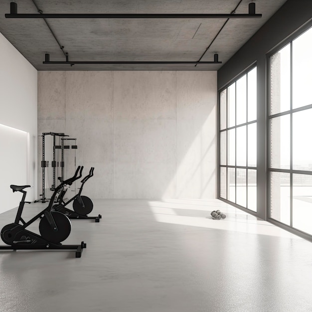 A gym with exercise equipment and a large window