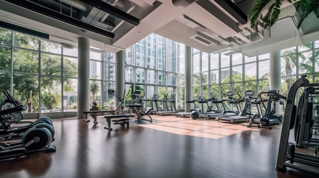 A gym with a large window and a gym with a gym floor that says fitness on it.