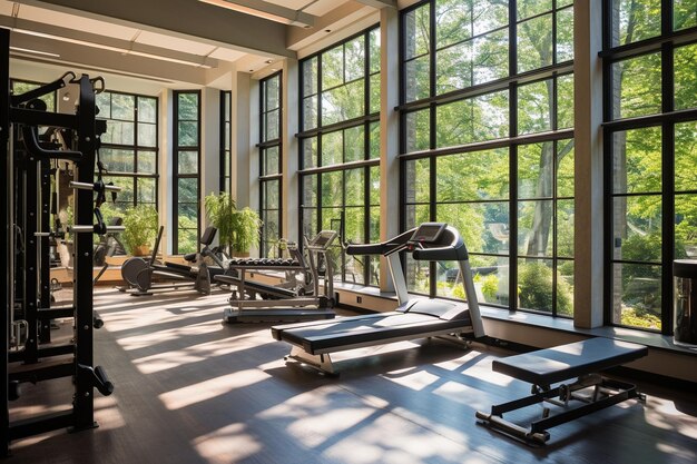 A gym with a large window and a large window