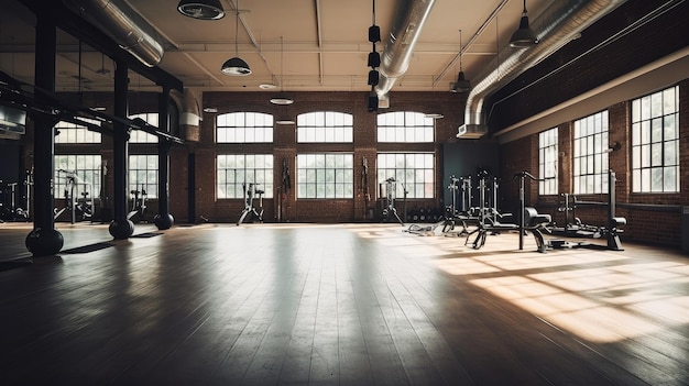 Photo a gym with a large window and a sign that says gyms