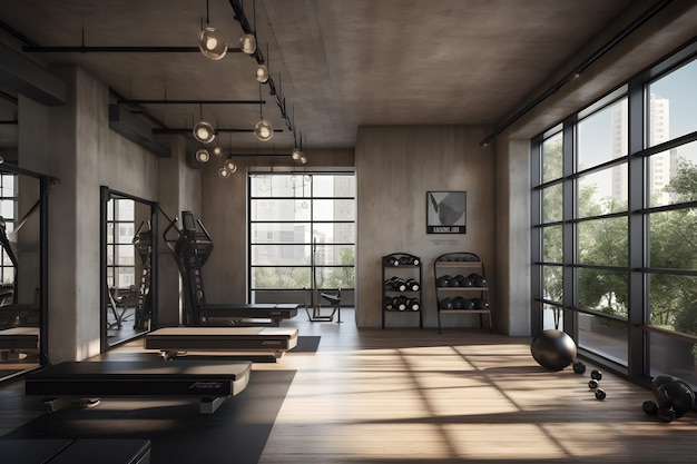 A gym with a large window that says'fitness room '