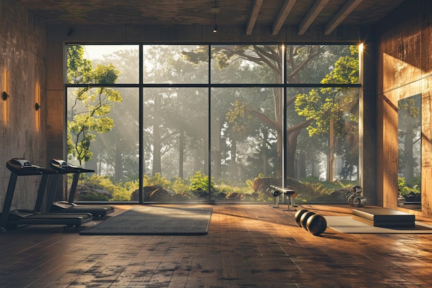 Gym with large windows to the forest