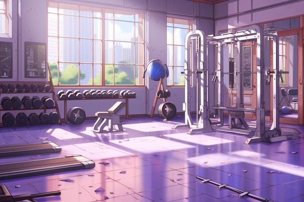 A gym with a lot of equipment and a window that says " no more " on it.