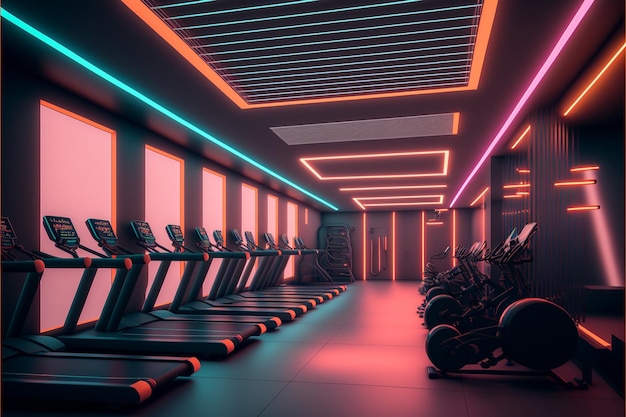 a gym with a neon lights and a neon sign that says gym on it.