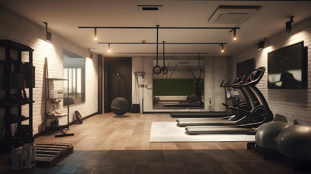 A gym with a treadmill and a window