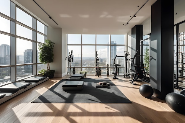 A gym with a view of the city