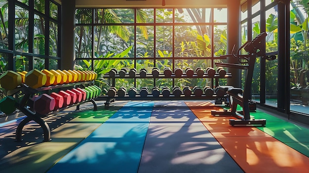 Photo a gym with a window and a view of the jungle