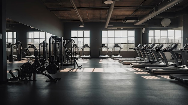 A gym with a wood floor and a treadmill