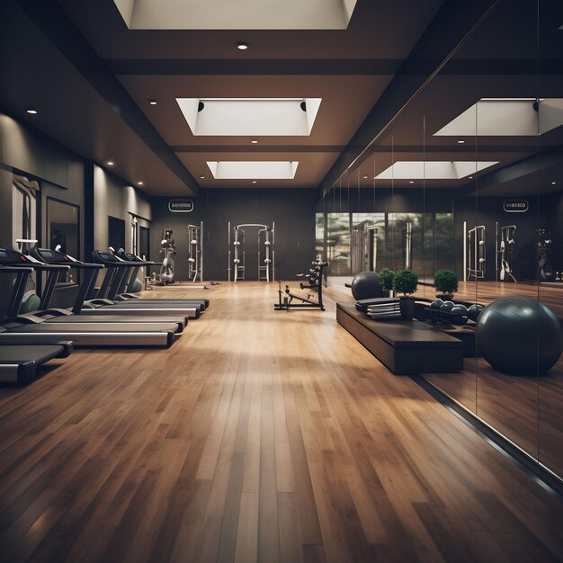 a gym with a wooden floor and a large mirror that says quot gym quot