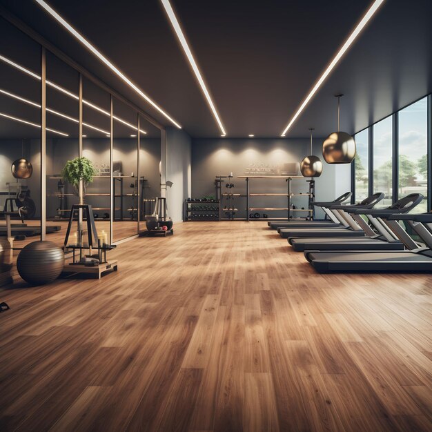 a gym with a wooden floor and a large window that says quot gym quot