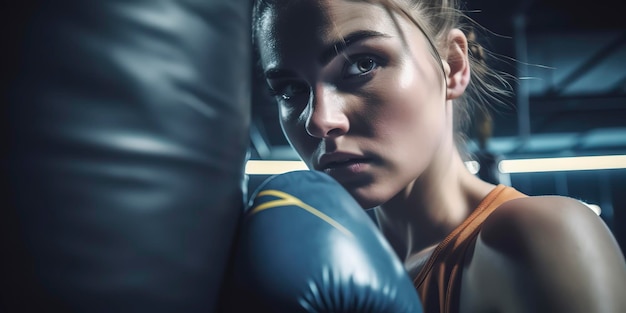 Photo gym workout closeup of female athlete's powerful kickboxing punching bag training generative ai