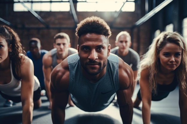 Foto i frequentatori di palestra danno priorità al planking di gruppo per la forma fisica