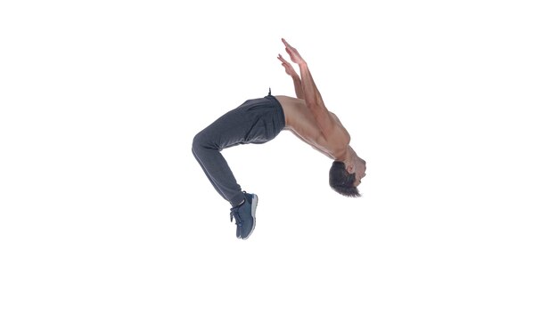 The gymnastic acrobatic caucasian man posing in balance posture