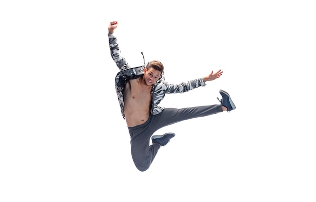 The gymnastic acrobatic caucasian man posing in balance posture