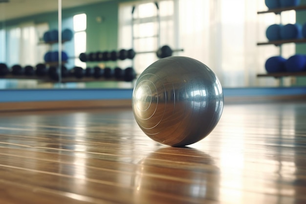 Gymnastic ball in an empty bright sports hall with various sports equipment Business background Healthy lifestyle