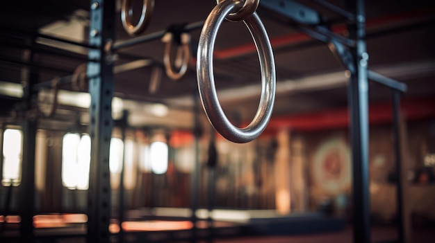 Foto gymnastiekringen gehangen aan een stevige balk in de sportschool