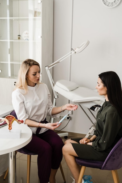 Gynecologist is showing process of inserting of intrauterine device IUD into your uterus Consultation with gynecologist about IUD intrauterine device form of birth control