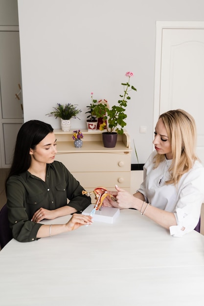 婦人科医が子宮内器具 IUD を子宮に挿入するプロセスを示しています IUD 子宮内器具は避妊の一種です 婦人科相談