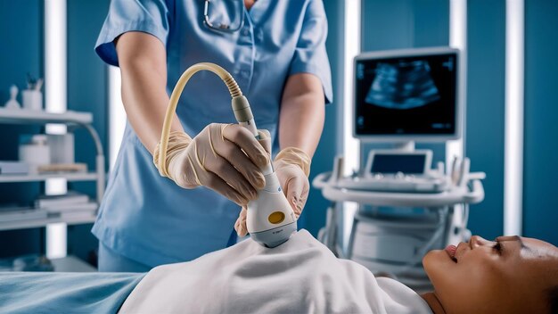 Photo gynecologist places ultrasound probe cover on a transvaginal ultrasound scanner for vaginal examina