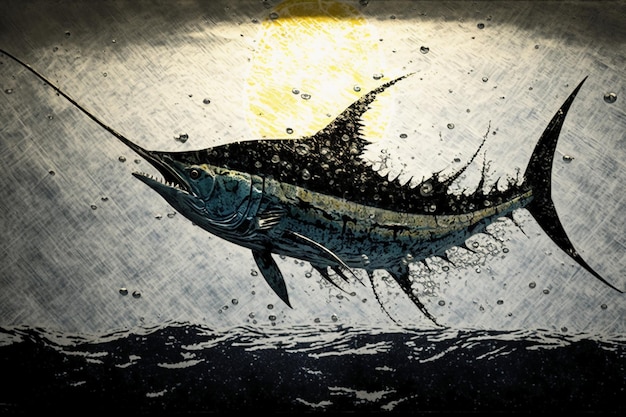 Gyotaku swordfish leaping in front of the sun